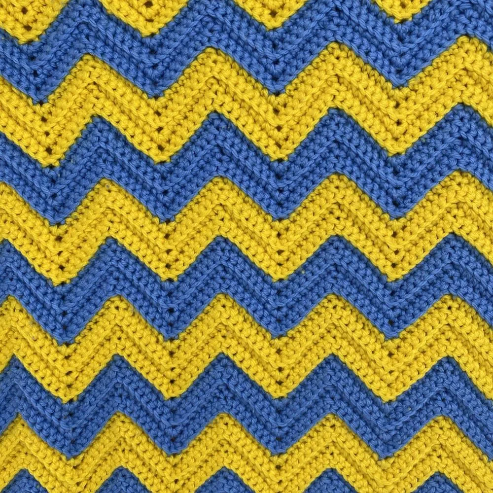 Vintage Chevron Crochet Afghan Blanket Yellow Blue Zig Zag 36x75 Throw Handmade